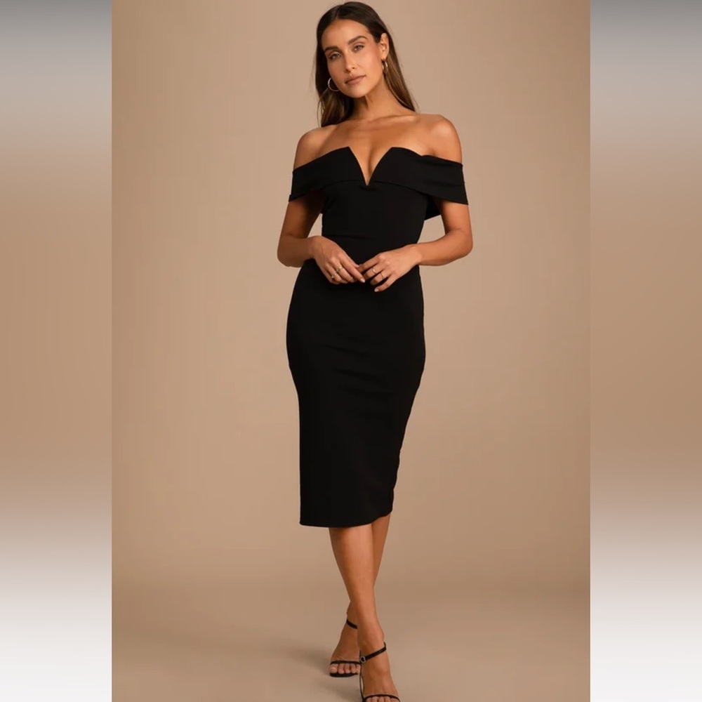 Lulus My Favorite Night Black Off-the-Shoulder Bodycon Midi Dress Black Small